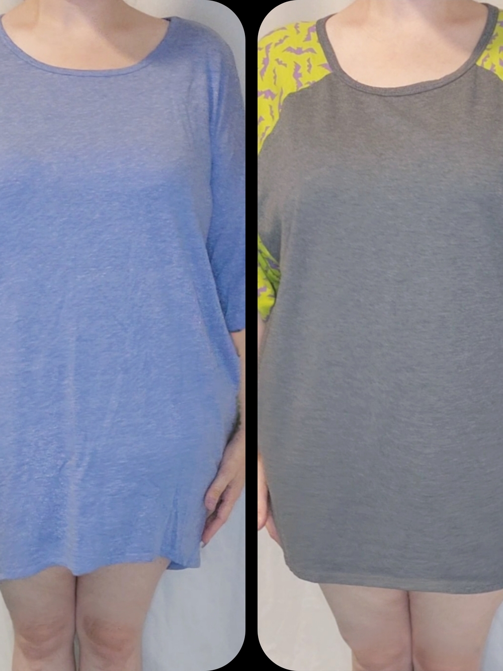 2 LuLaRoe Scoop Neck Short Sleeve Tops. Light Blue and Gray w/ Lime & Purple Bat